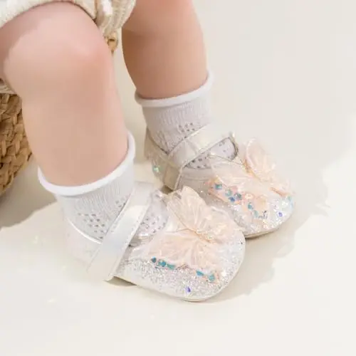 HsdsBebe Baby Girls Mary Jane Flats Non Slip Soft Sole Bowknot Princess Wedding Dress Shoes Toddler First Walkers Infant Newborn Baptism Crib Shoes - 3