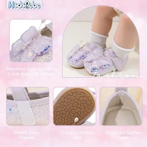 HsdsBebe Baby Girls Mary Jane Flats Non Slip Soft Sole Bowknot Princess Wedding Dress Shoes Toddler First Walkers Infant Newborn Baptism Crib Shoes - 6