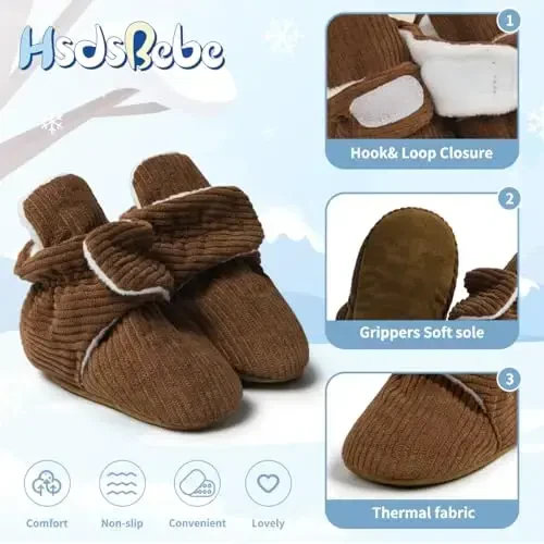 HsdsBebe Unisex Newborn Baby Cotton Booties Non-Slip Sole for Toddler Boys Girls Infant Winter Warm Fleece Cozy Socks Shoes - 5