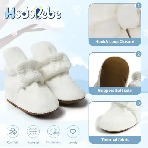 HsdsBebe Unisex Newborn Baby Cotton Booties Non-Slip Sole for Toddler Boys Girls Infant Winter Warm Fleece Cozy Socks Shoes - 5