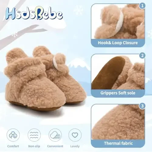 HsdsBebe Unisex Newborn Baby Cotton Booties Non-Slip Sole for Toddler Boys Girls Infant Winter Warm Fleece Cozy Socks Shoes - 5