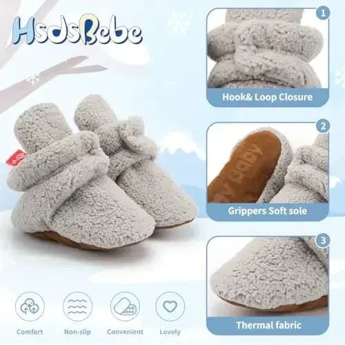 HsdsBebe Unisex Newborn Baby Cotton Booties Non-Slip Sole for Toddler Boys Girls Infant Winter Warm Fleece Cozy Socks Shoes - 5