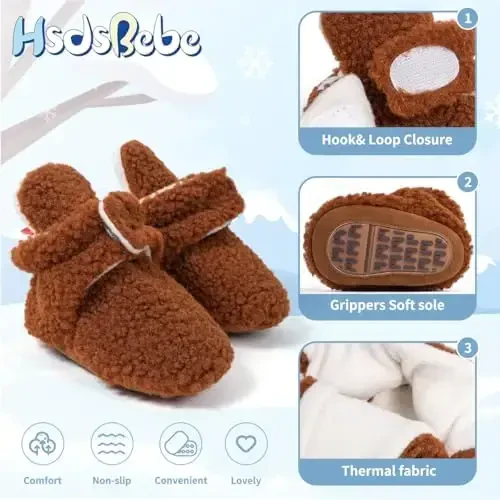 HsdsBebe Unisex Newborn Baby Cotton Booties Non-Slip Sole for Toddler Boys Girls Infant Winter Warm Fleece Cozy Socks Shoes - 5