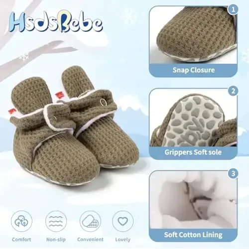 HsdsBebe Unisex Newborn Baby Cotton Booties Non-Slip Sole for Toddler Boys Girls Infant Winter Warm Fleece Cozy Socks Shoes - 5