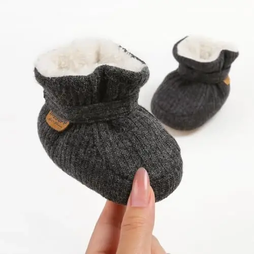 HsdsBebe Unisex Newborn Baby Cotton Booties Non-Slip Sole for Toddler Boys Girls Infant Winter Warm Fleece Cozy Socks Shoes - 5