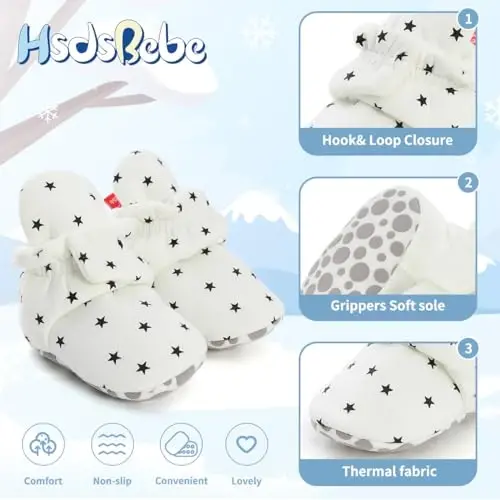 HsdsBebe Unisex Newborn Baby Cotton Booties Non-Slip Sole for Toddler Boys Girls Infant Winter Warm Fleece Cozy Socks Shoes - 6