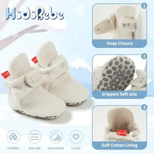 HsdsBebe Unisex Newborn Baby Cotton Booties Non-Slip Sole for Toddler Boys Girls Infant Winter Warm Fleece Cozy Socks Shoes - 5