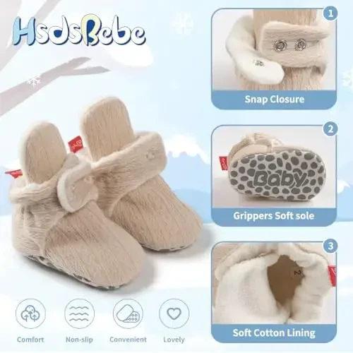 HsdsBebe Unisex Yangi tug'ilgan chaqaloq paxta etiklari Toddler o'g'il bolalar qizlar uchun sirpanmaydigan taglik Chaqaloq qishki issiq junli qulay paypoq poyabzal - 5