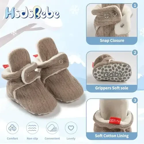 HsdsBebe Unisex Yangi tug'ilgan chaqaloq paxta etiklari Toddler o'g'il bolalar qizlar uchun sirpanmaydigan taglik Chaqaloq qishki issiq junli qulay paypoq poyafzal - 5