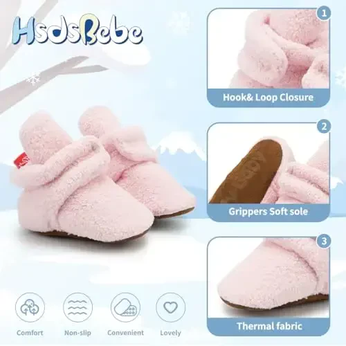 HsdsBebe Unisex Yangi tug'ilgan chaqaloqlar uchun paxta etiklari, qizlar va o'g'il bolalar uchun sirpanmaydigan taglik, qishki iliq junli qulay paypoq-poyabzal - 5