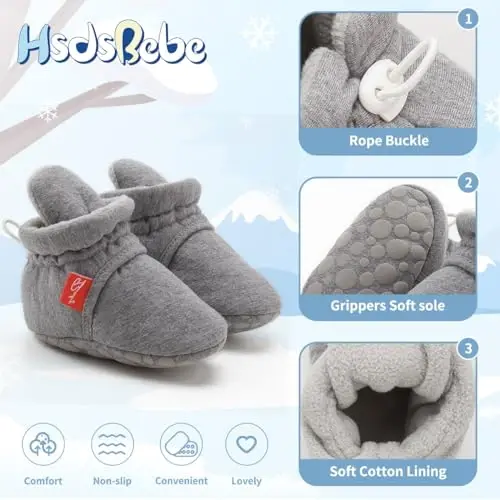 HsdsBebe Unisex Newborn Baby Cotton Booties Non-Slip Sole for Toddler Boys Girls Infant Winter Warm Fleece Cozy Socks Shoes - 5