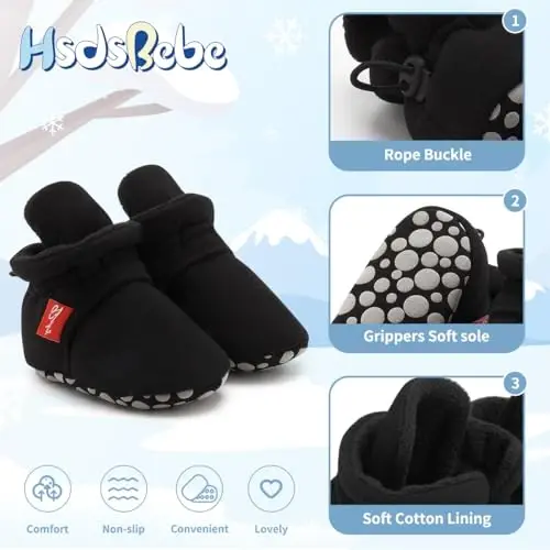 HsdsBebe Unisex Newborn Baby Cotton Booties Non-Slip Sole for Toddler Boys Girls Infant Winter Warm Fleece Cozy Socks Shoes - 5