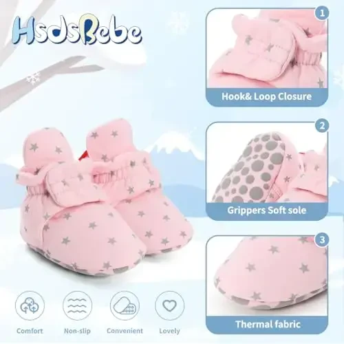 HsdsBebe Unisex Newborn Baby Cotton Booties Non-Slip Sole for Toddler Boys Girls Infant Winter Warm Fleece Cozy Socks Shoes - 6