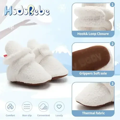 HsdsBebe Unisex Newborn Baby Cotton Booties Non-Slip Sole for Toddler Boys Girls Infant Winter Warm Fleece Cozy Socks Shoes - 5