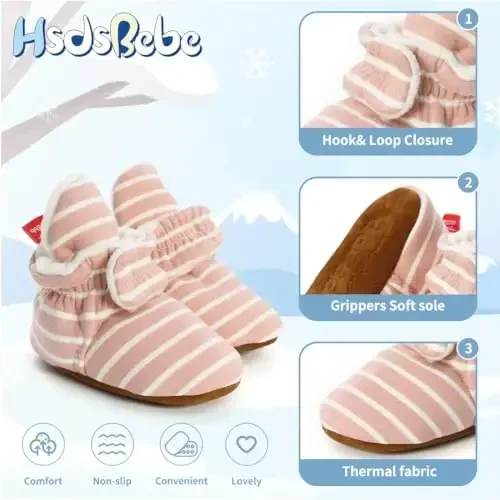 HsdsBebe Unisex Newborn Baby Cotton Booties Non-Slip Sole for Toddler Boys Girls Infant Winter Warm Fleece Cozy Socks Shoes - 5