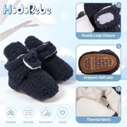 HsdsBebe Unisex Newborn Baby Cotton Booties Non-Slip Sole for Toddler Boys Girls Infant Winter Warm Fleece Cozy Socks Shoes - 5