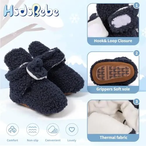 HsdsBebe Unisex Newborn Baby Cotton Booties Non-Slip Sole for Toddler Boys Girls Infant Winter Warm Fleece Cozy Socks Shoes - 5