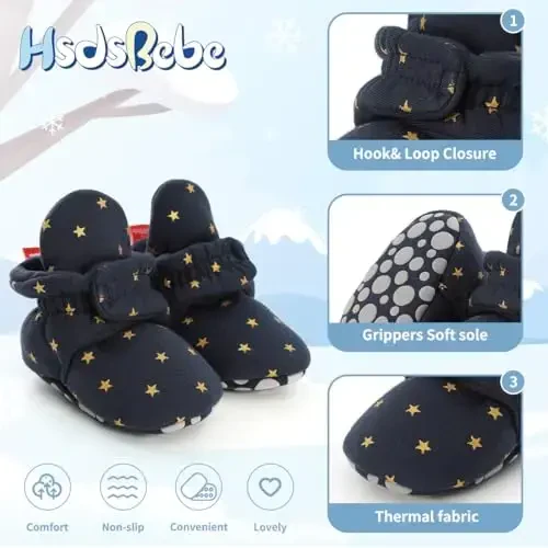 HsdsBebe Unisex Newborn Baby Cotton Booties Non-Slip Sole for Toddler Boys Girls Infant Winter Warm Fleece Cozy Socks Shoes - 6