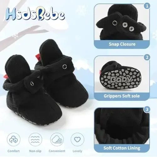 HsdsBebe Unisex Newborn Baby Cotton Booties Non-Slip Sole for Toddler Boys Girls Infant Winter Warm Fleece Cozy Socks Shoes - 5