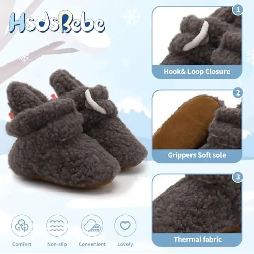 HsdsBebe Unisex Newborn Baby Cotton Booties Non-Slip Sole for Toddler Boys Girls Infant Winter Warm Fleece Cozy Socks Shoes - 5