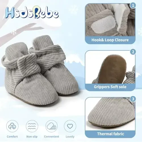 HsdsBebe Unisex Newborn Baby Cotton Booties Non-Slip Sole for Toddler Boys Girls Infant Winter Warm Fleece Cozy Socks Shoes - 5