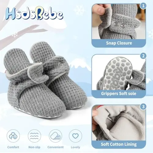 HsdsBebe Unisex Newborn Baby Cotton Booties Non-Slip Sole for Toddler Boys Girls Infant Winter Warm Fleece Cozy Socks Shoes - 5