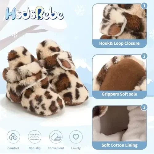 HsdsBebe Unisex Newborn Baby Cotton Booties Non-Slip Sole for Toddler Boys Girls Infant Winter Warm Fleece Cozy Socks Shoes - 5
