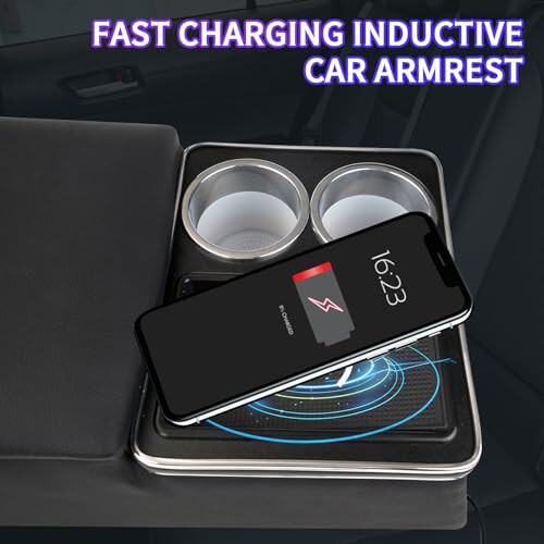 Htostar Racing Upgrade Universal Center Console Organizer with Inductive Charging Stand, Fast Charging, Cup Holder, and Phone Holder for Car, Truck, and Van, Back Bench Seat Armrest Middle Storage Box - MODAZONE (1)
