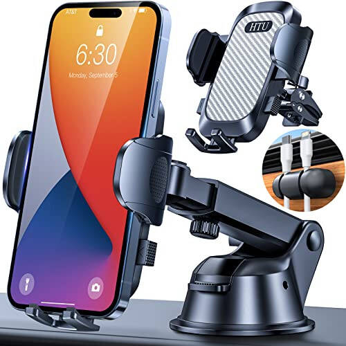 HTU 2024 Best Car Phone Holder Mount 【Strongest Shockproof & Military-Grade 5-in-1】 Universal Upgraded Dashboard Windshield Vent Truck Stand for iPhone 15 14 13 Android【Patent & Safety Certs】, Grey - 1