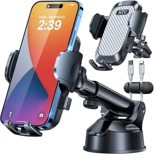 HTU 2024 Best Car Phone Holder Mount 【Strongest Shockproof & Military-Grade 5-in-1】 Universal Upgraded Dashboard Windshield Vent Truck Stand for iPhone 15 14 13 Android【Patent & Safety Certs】, Grey - 3