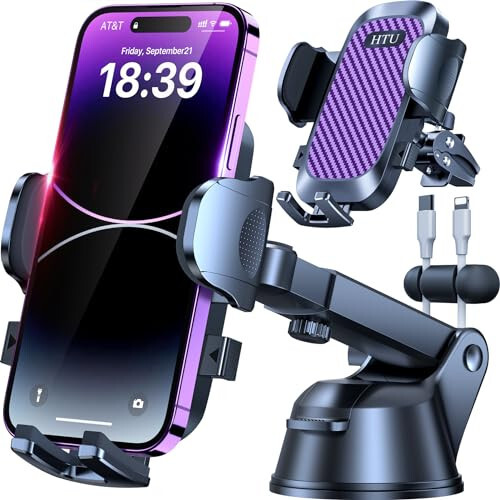 HTU 2024 Best Car Phone Holder Mount 【80+LBS Strongest Suction & Military 5-in-1】 Universal Upgraded Dashboard Windshield Vent Truck Stand for iPhone 16 15 Android【Patent & Safety Certs】, Purple - 1