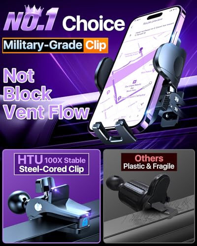 HTU 2024 Best Car Phone Holder Mount 【80+LBS Strongest Suction & Military 5-in-1】 Universal Upgraded Dashboard Windshield Vent Truck Stand for iPhone 16 15 Android【Patent & Safety Certs】, Purple - 6