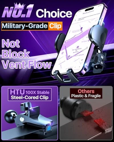 HTU 2024 Best Car Phone Holder Mount 【Strongest Shockproof & Military-Grade 5-in-1】 Universal Upgraded Dashboard Windshield Vent Truck Stand for iPhone 15 14 Android【Patent & Safety Certs】, Purple - HTU (1)