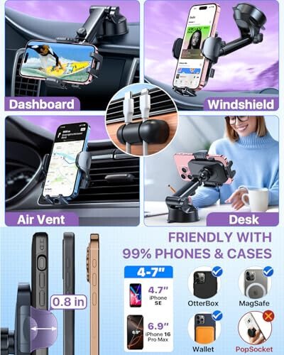HTU 2024 Best Car Phone Holder Mount 【Strongest Shockproof & Military-Grade 5-in-1】 Universal Upgraded Dashboard Windshield Vent Truck Stand for iPhone 15 14 Android【Patent & Safety Certs】, Purple - 6