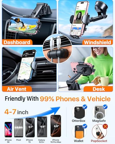 HTU 2024 Best Car Phone Holder Mount 【Strongest Shockproof & Military-Grade 5-in-1】 Universal Upgraded Dashboard Windshield Vent Truck Stand for iPhone 16 15 Android【Patent & Safety Certs】,Black - 5