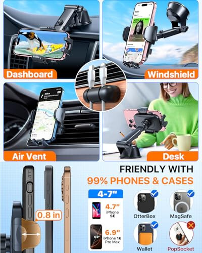 HTU 2024 Best Car Phone Holder Mount 【Strongest Shockproof & Military-Grade 5-in-1】 Universal Upgraded Dashboard Windshield Vent Truck Stand for iPhone 16 15 Android【Patent & Safety Certs】,Black - 3