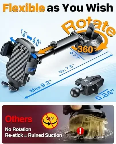 HTU 2024 Best Car Phone Holder Mount 【Strongest Shockproof & Military-Grade 5-in-1】 Universal Upgraded Dashboard Windshield Vent Truck Stand for iPhone 16 15 Android【Patent & Safety Certs】,Black - 4