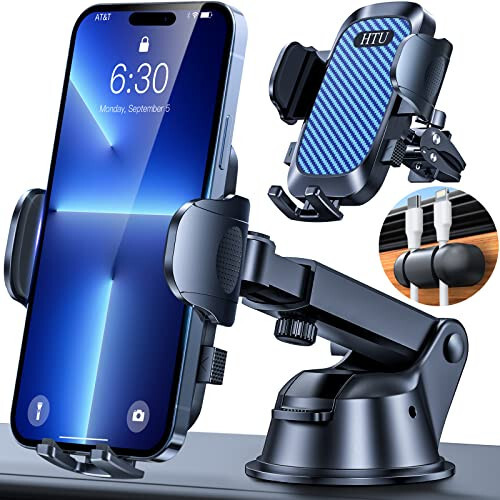 HTU [2024 Best] Cell Phone Holder Car [Upgraded 5-in-1] Windshield Phone Mount, Universal Handfree Adjustable Dashboard Window Vent Pickup Truck Stand for iPhone 15 14 13 12 Samsung Android, Blue - 1