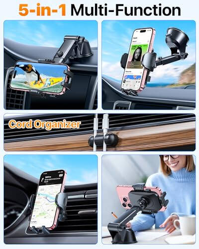 HTU [2024 Best] Cell Phone Holder Car [Upgraded 5-in-1] Windshield Phone Mount, Universal Handfree Adjustable Dashboard Window Vent Pickup Truck Stand for iPhone 15 14 13 12 Samsung Android, Blue - 2