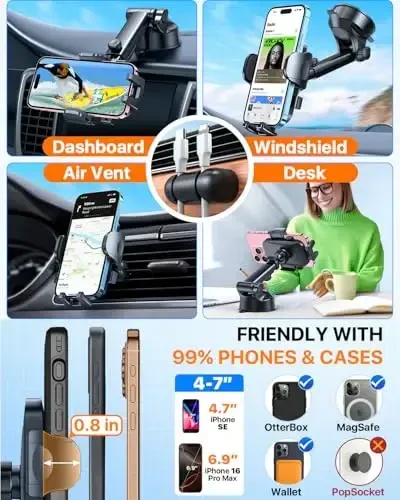 HTU [2024 Best] Cell Phone Holder Car [Upgraded 5-in-1] Windshield Phone Mount, Universal Handfree Adjustable Dashboard Window Vent Pickup Truck Stand for iPhone 15 14 13 12 Samsung Android, Blue - 3