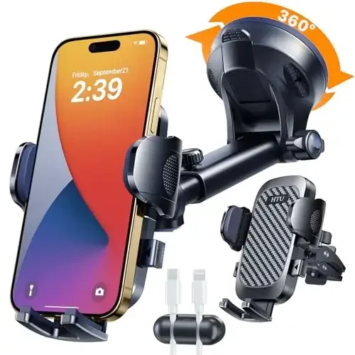 HTU 2025 Best Car Phone Holder 【Ultimate 5-in-1 & Upgraded 100+LBS Strongest Suction】【True Military-Grade & Safety Cert】 360° Windshield Dashboard Vent Mount Stand for iPhone Android & Truck, Black - 5