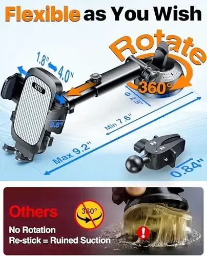 HTU 2025 Best Car Phone Holder 【Ultimate 5-in-1 & Upgraded 100+LBS Strongest Suction】【True Military-Grade & Safety Cert】 360° Windshield Dashboard Vent Mount Stand for iPhone Android & Truck, Grey - 2