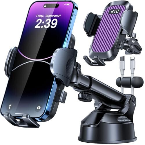 HTU 2025 Best Car Phone Holder 【Ultimate 5-in-1 & Upgraded 100+LBS Strongest Suction】【True Military-Grade & Safety Cert】 360° Windshield Dashboard Vent Mount Stand for iPhone Android & Truck, Purple - 3