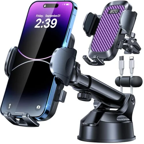 HTU 2025 Best Car Phone Holder 【Ultimate 5-in-1 & Upgraded 100+LBS Strongest Suction】【True Military-Grade & Safety Cert】 360° Windshield Dashboard Vent Mount Stand for iPhone Android & Truck, Purple - 3