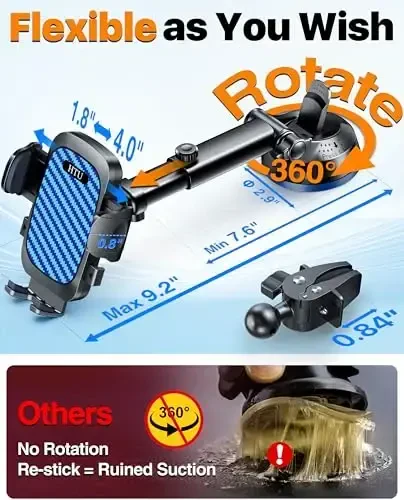 HTU 2025 Best Car Phone Holder 【Ultimate 5-in-1 & Upgraded 100+LBS Strongest Suction】【True Military-Grade & Safety Cert】 360° Windshield Dashboard Vent Mount Stand for iPhone Android & Truck, Blue - 5