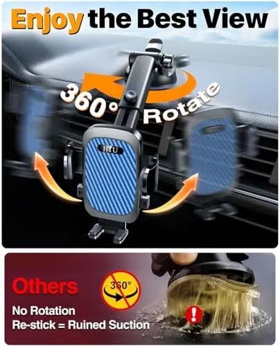 HTU 2026 Ultimate Best【True Military-Grade & Safety Cert】Car Phone Holder【Upgraded 360 Rotation & 100+LBS Strongest Suction】5-in-1 Truck Windshield Dashboard Vent Mount Stand for iPhone Android, Blue - 2