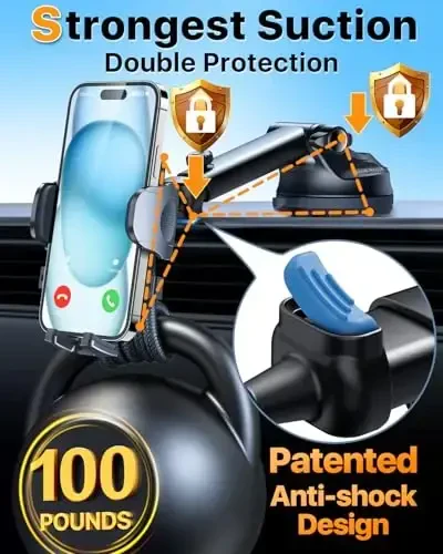 HTU 2025 Best Car Phone Holder 【Ultimate 5-in-1 & Upgraded 100+LBS Strongest Suction】【True Military-Grade & Safety Cert】 360° Windshield Dashboard Vent Mount Stand for iPhone Android & Truck, Blue - 2