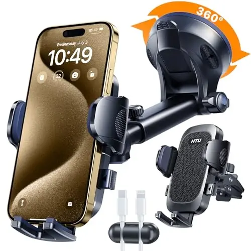 HTU 2026 Ultimate Best【True Military-Grade & Safety Cert】 Car Phone Holder | 【Upgraded 360°Rotation & 100LBS Strongest Suction】5-in-1 Truck Windshield Dash Vent Mount for iPhone Android, Leather Black - 1