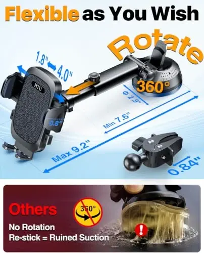 HTU 2026 Ultimate Best【True Military-Grade & Safety Cert】 Car Phone Holder | 【Upgraded 360°Rotation & 100LBS Strongest Suction】5-in-1 Truck Windshield Dash Vent Mount for iPhone Android, Leather Black - 4