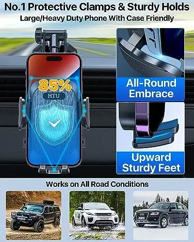 HTU Car Phone Holder【2026 Upgraded 100+LBS Suction & Safety Cert】 Cell Phone Car Mount for Truck Heavy Duty Phone Holder for Dashboard/Windshield/Vent for iPhone 17 16 Pro Max, Jet Black - 2